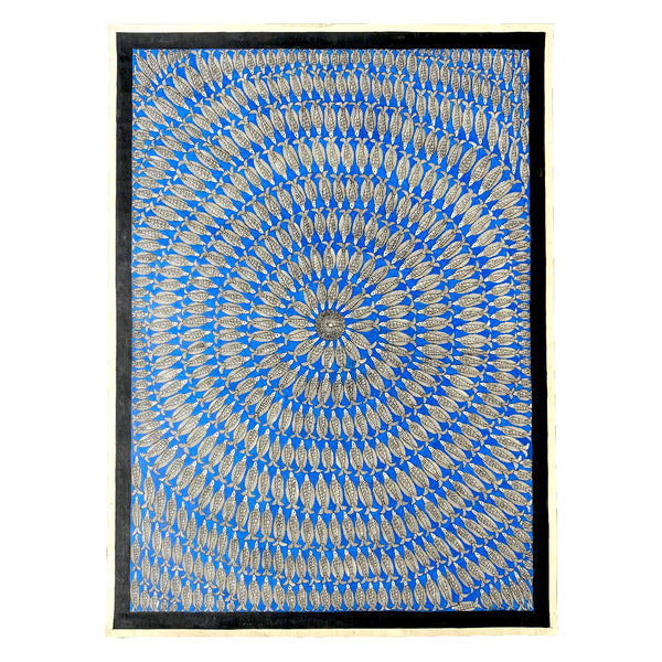 Pintura Indiana Madhubani - Mandala de Peixes Azuis