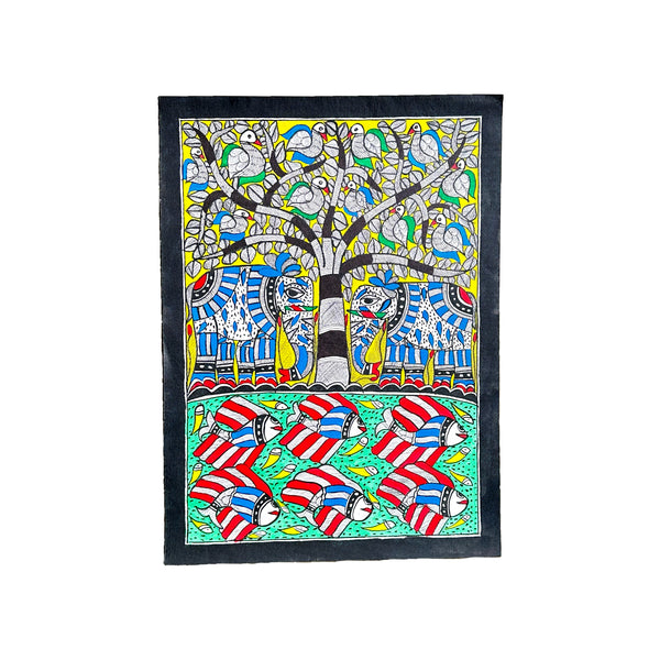 Pintura Indiana Madhubani - Árvore e Elefantes
