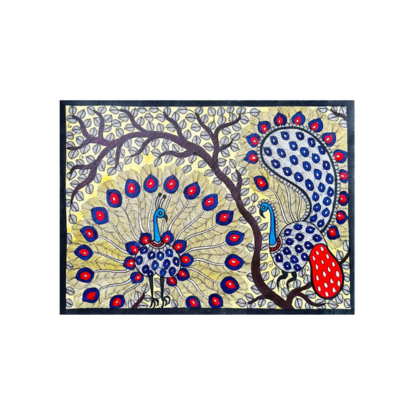 Pintura Indiana Madhubani - Casal de Pavões