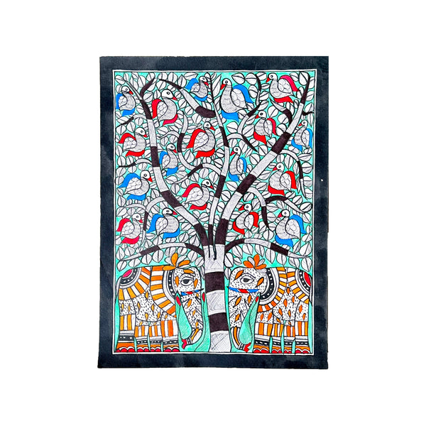 Pintura Indiana Madhubani - Casal Elefantes Laranja