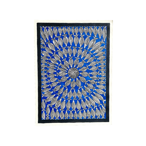 Pintura Indiana Madhubani - Mandala de Cardume Azul