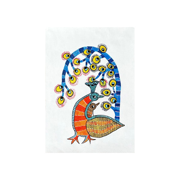 Pintura Indiana Gond - Pavão Colorido