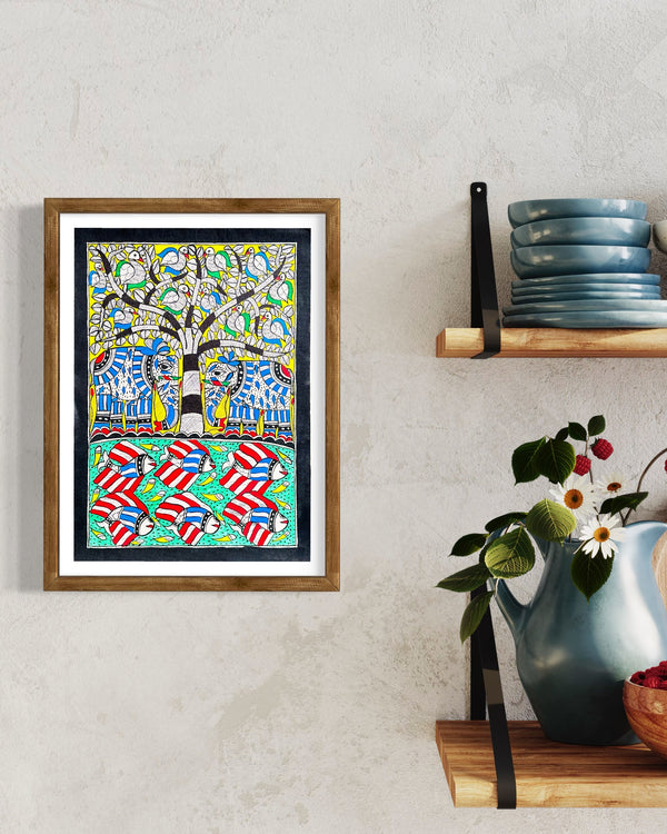 Pintura Indiana Madhubani - Árvore e Elefantes