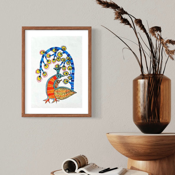 Pintura Indiana Gond - Pavão Colorido