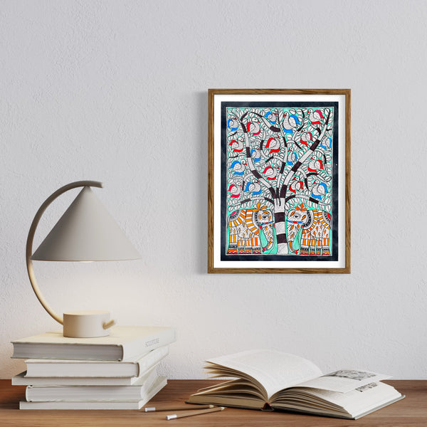 Pintura Indiana Madhubani - Casal Elefantes Laranja