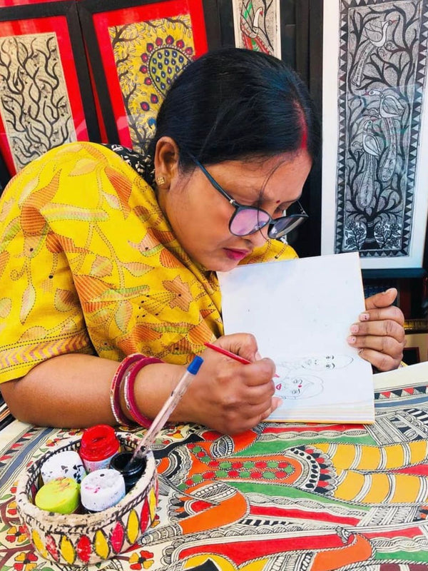 Pintura Indiana Madhubani - Casal de Pavões