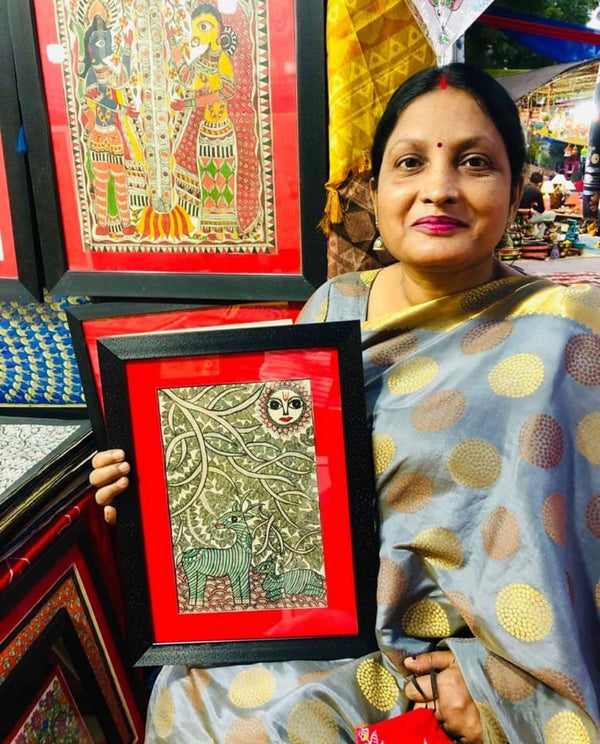 Pintura Indiana Madhubani - Casal Elefantes Laranja